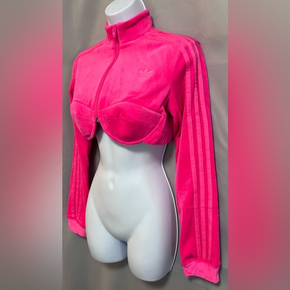 Adidas X Jeremy Scott‎ cropped Velour Track Jacket Neon Pink Sz Medium - Picture 3 of 14